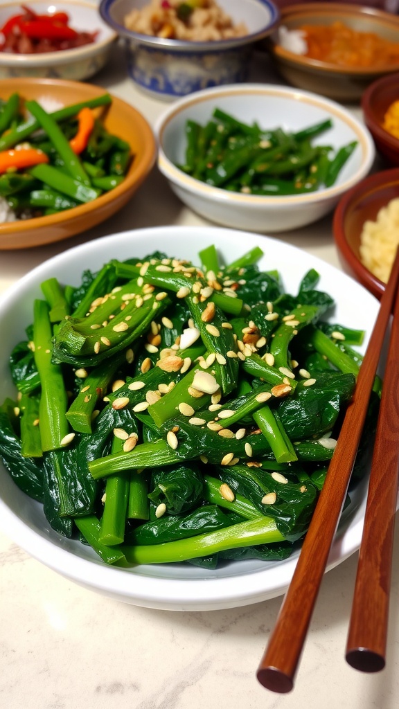 Korean spinach side dish (Sigeumchi Namul) with sesame seeds in a bowl, surrounded by other Korean dishes.
